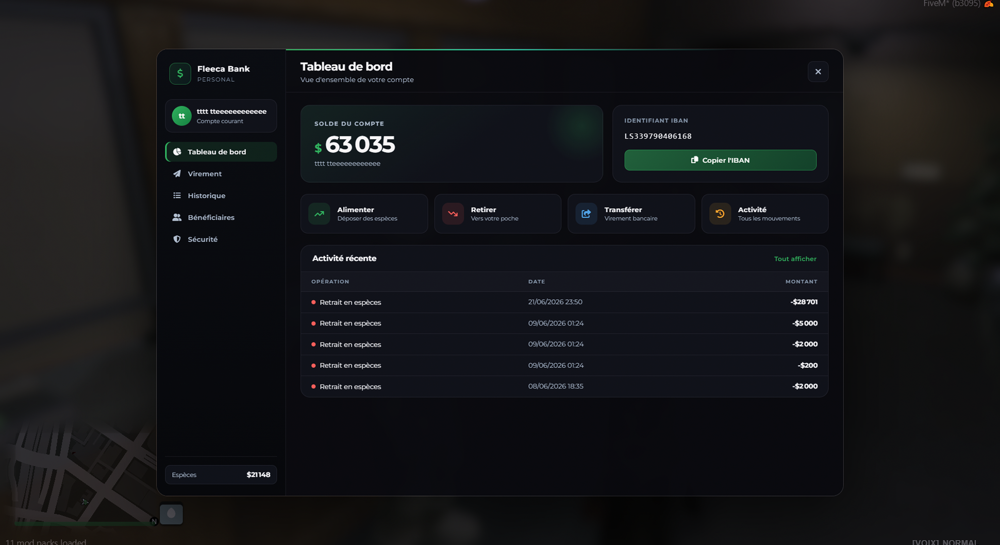 Interface banque Surge — tableau de bord, virements et historique