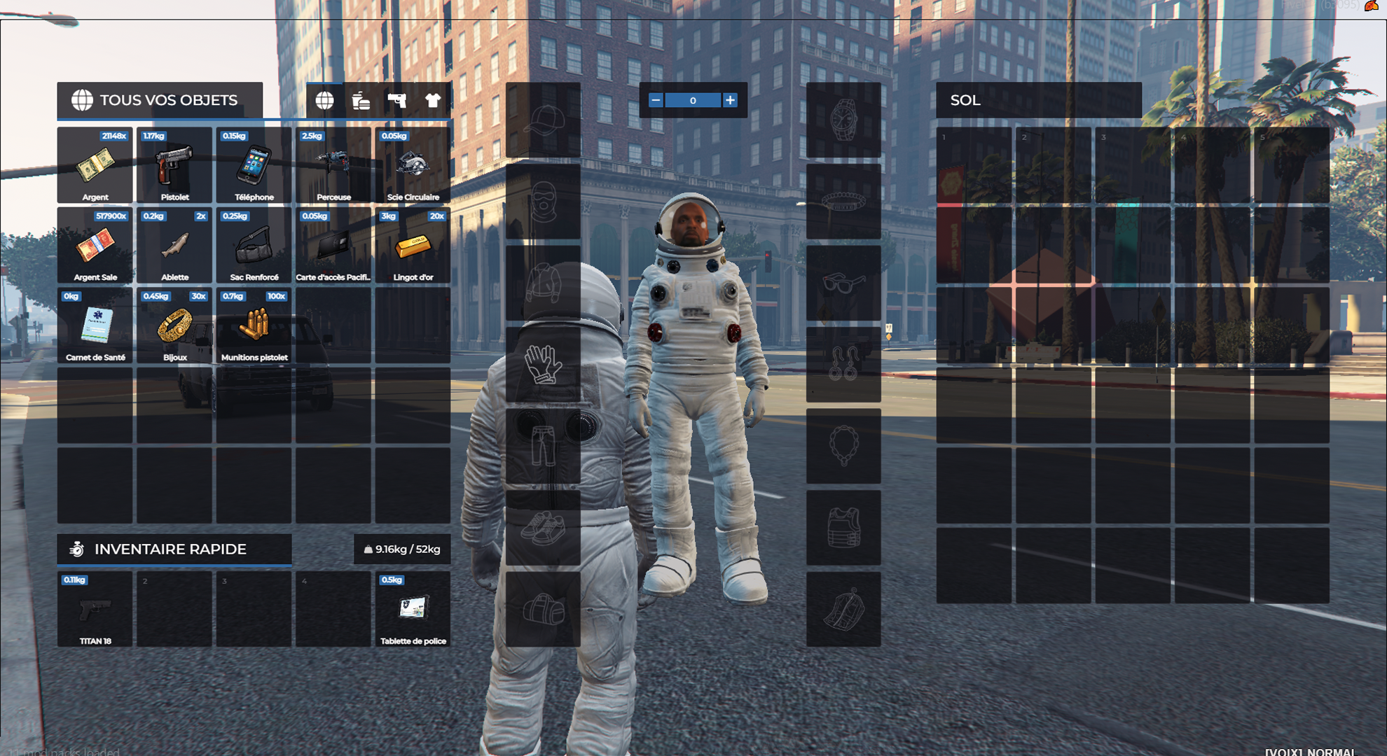 Interface inventaire Surge — grille d'objets, équipement personnage et sol