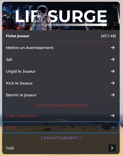 Menu F10 > Fiche joueur : sanctions, wipe et divertissement