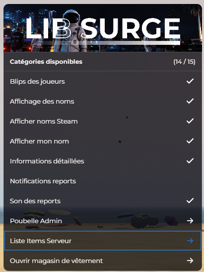 Menu F10 > Options Personnelles : reports, poubelle admin, liste items, magasin vêtements