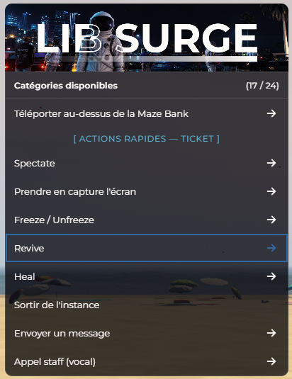 Menu F10 > Reports : actions rapides sur un ticket (spectate, freeze, revive)