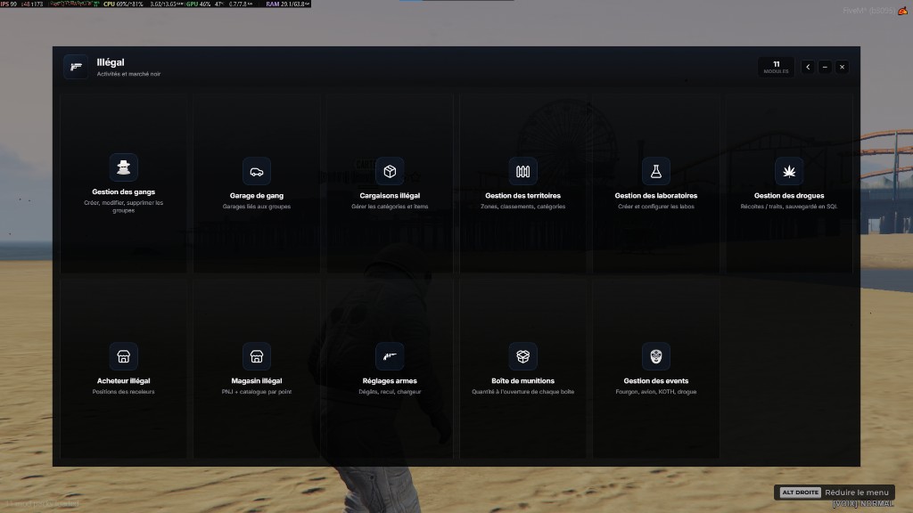 Hub Illégal du menu /gestion : onze modules (gangs, garage gang, cargaisons, territoires, laboratoires, drogues, acheteur, magasin, armes, munitions, events)
