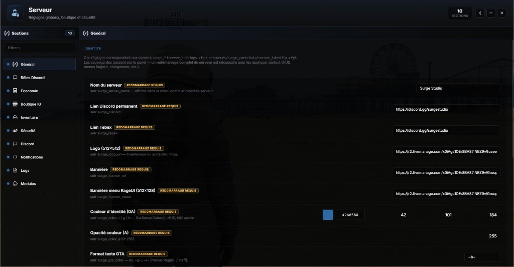 Hub Serveur du menu /gestion : sidebar des dix sections (général, rôles Discord, économie, boutique, inventaire, sécurité, Discord, notifications, logs, modules)