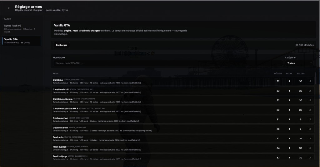 /gestion > Réglages armes : packs vanilla / Kyros, dégâts, recul et chargeur par arme