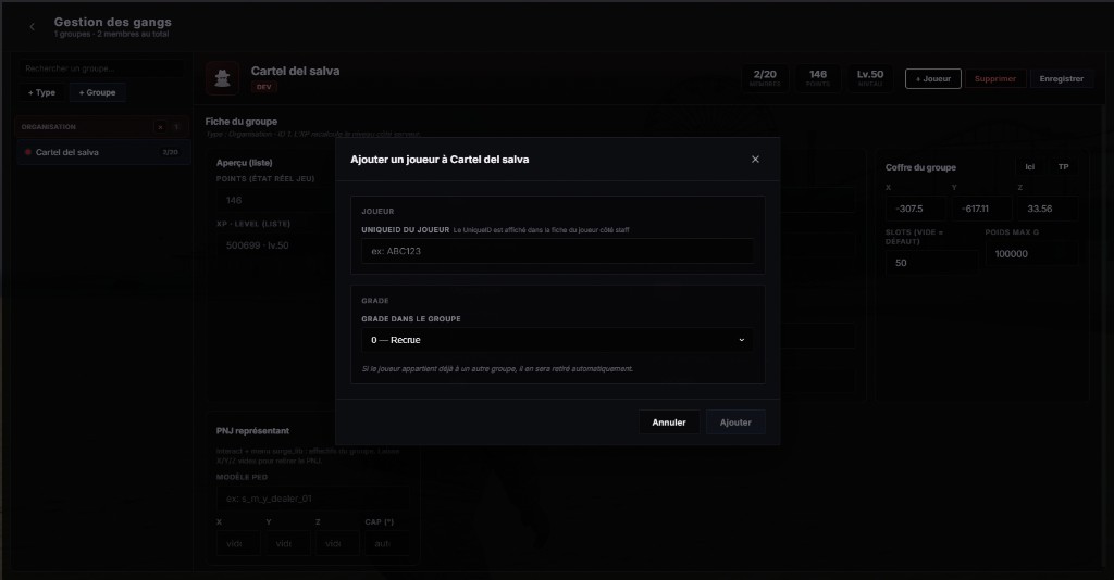 /gestion > Gangs : ajout joueur par UniqueID et grade