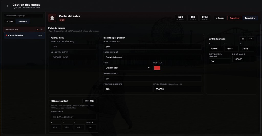 /gestion > Gangs : fiche groupe, progression, coffre et PNJ