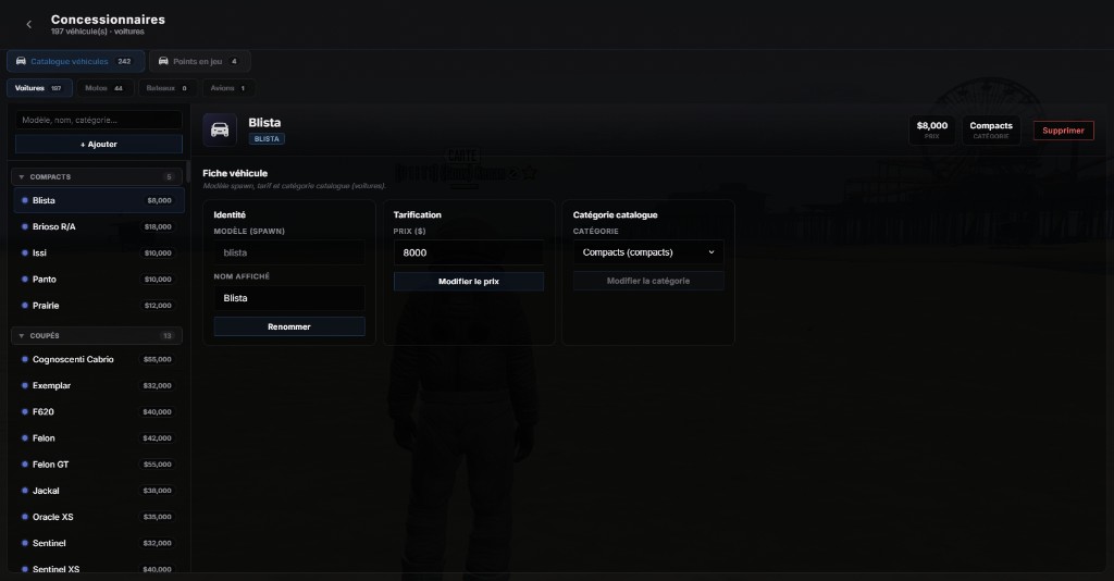/gestion > Concession : catalogue véhicules, modèle spawn, nom affiché, prix et catégorie