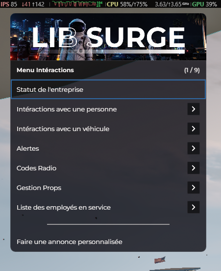 Menu F6 police en service, statut entreprise, interactions personne/véhicule, alertes, codes radio, props, annonces