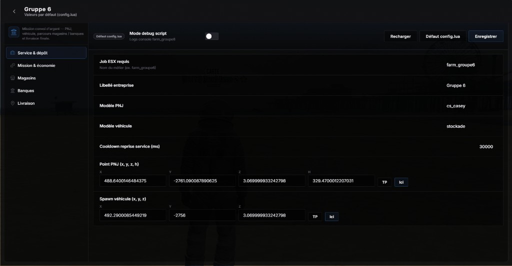 /gestion > Groupe 6 : service et dépôt, job ESX, PNJ, véhicule stockade, spawn et cooldown