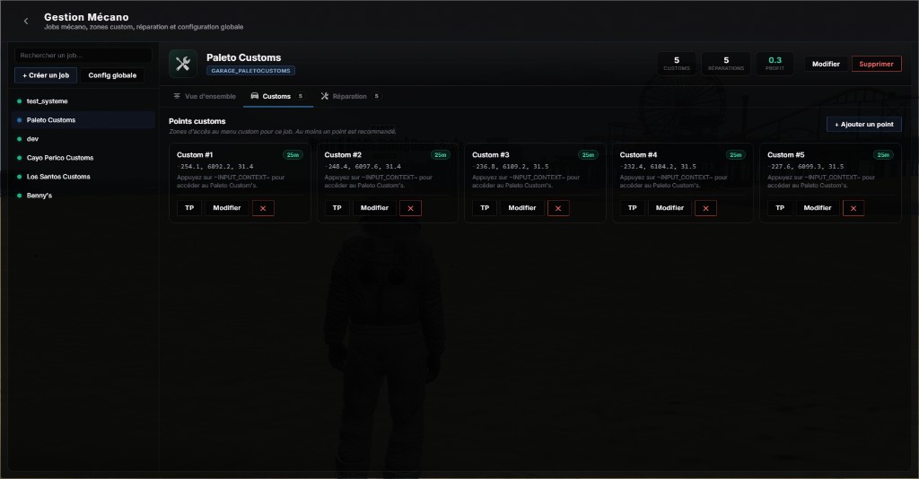 /gestion > Mécano : onglet Customs, points de zone custom avec coords et rayon