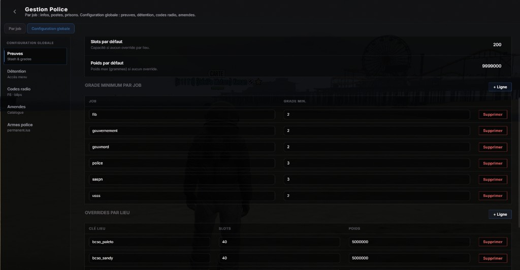 /gestion > Police : configuration globale Preuves, slots, poids coffre evidence par grade et par lieu