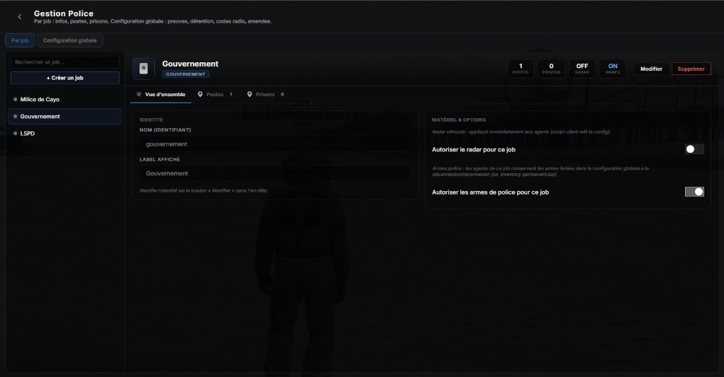 /gestion > Police : onglet Par job, identité, postes, prisons, radar et armes par service
