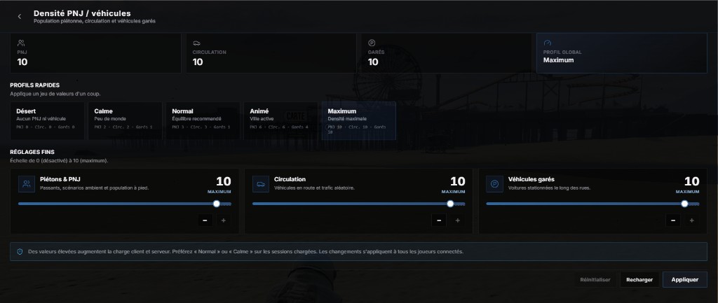 /gestion > Monde > Densité : presets rapides, sliders PNJ, circulation et véhicules garés