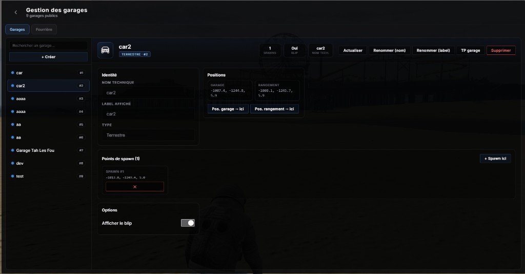 /gestion > Monde > Garages : onglets Garages et Fourrières, positions et spawns