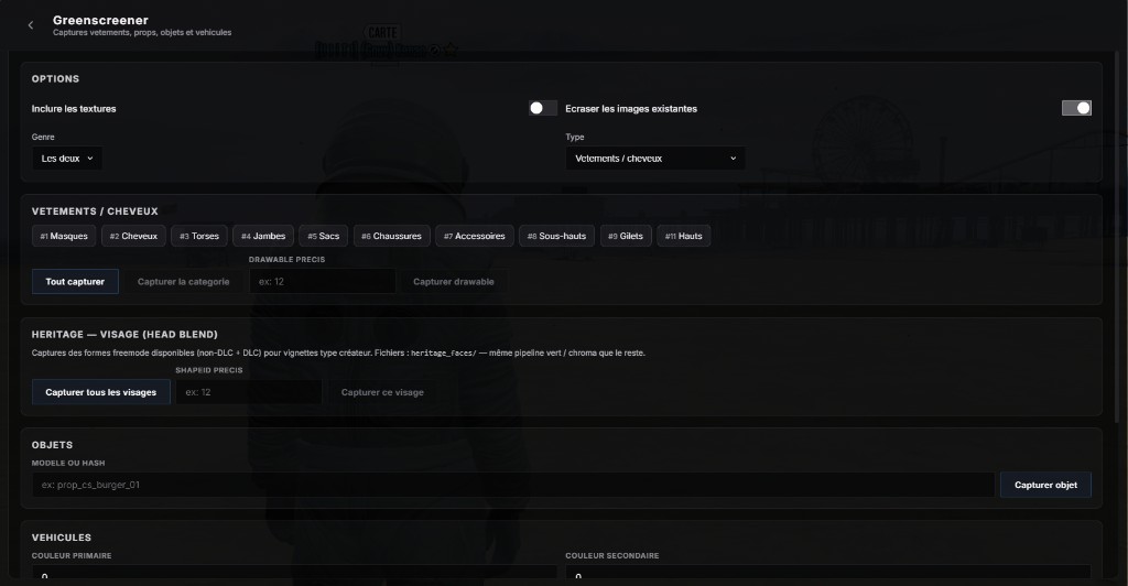 /gestion > Monde > Greenscreener : options, catégories vêtements, visages, objets et véhicules