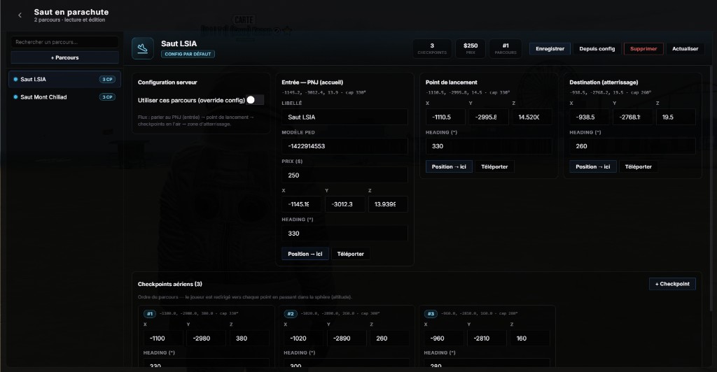 /gestion > Monde > Saut en parachute : édition parcours, PNJ, lancement, atterrissage et checkpoints