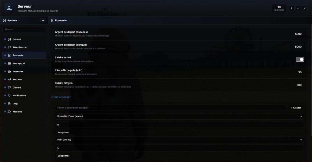 /gestion > Serveur > Économie : items de départ multicharacter