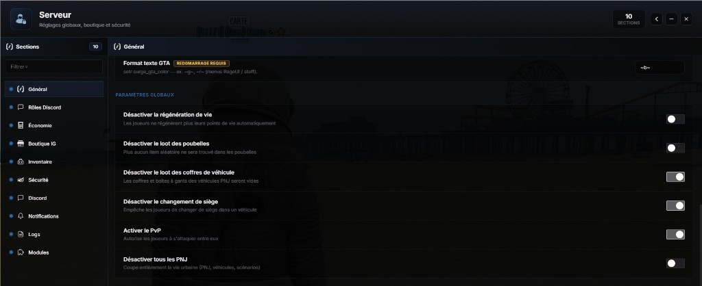 /gestion > Serveur > Général : paramètres globaux (loot, PvP, PNJ, format texte GTA)