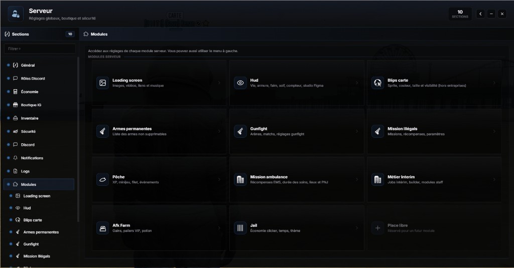 /gestion > Serveur > Modules : vue d'ensemble des sous-modules (loading screen, HUD, pêche, jail)